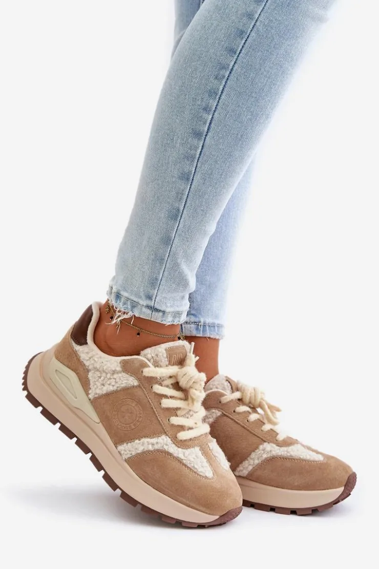 Damskie Big Star Shoes Ocieplane Sneakersy Damskie Skórzane Big Star OO274A317 HI-POLY SYSTEM Beżowe