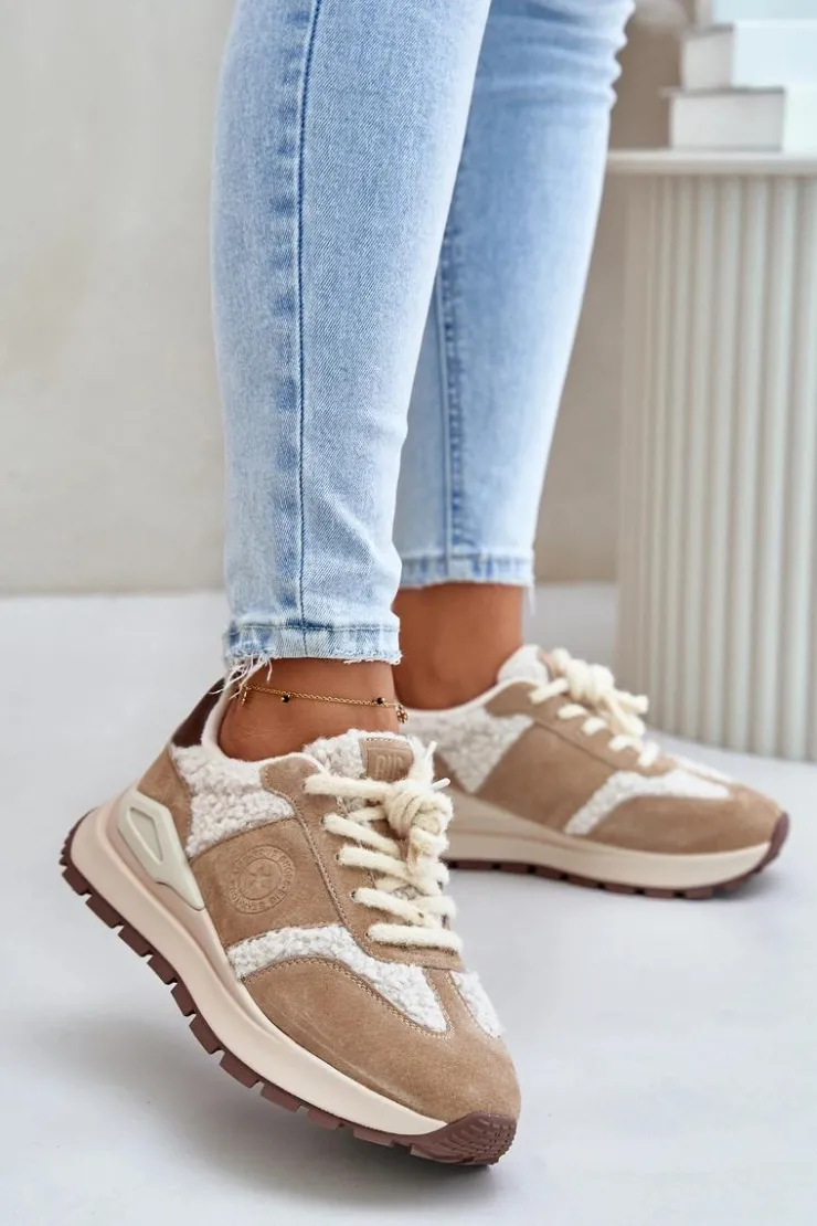 Damskie Big Star Shoes Ocieplane Sneakersy Damskie Skórzane Big Star OO274A317 HI-POLY SYSTEM Beżowe