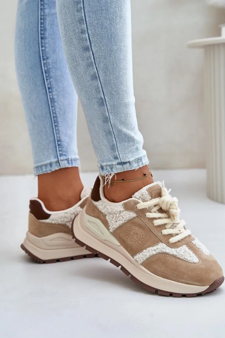 Damskie Big Star Shoes Ocieplane Sneakersy Damskie Skórzane Big Star OO274A317 HI-POLY SYSTEM Beżowe