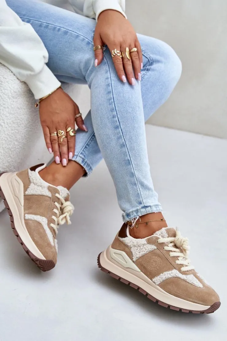 Damskie Big Star Shoes Ocieplane Sneakersy Damskie Skórzane Big Star OO274A317 HI-POLY SYSTEM Beżowe