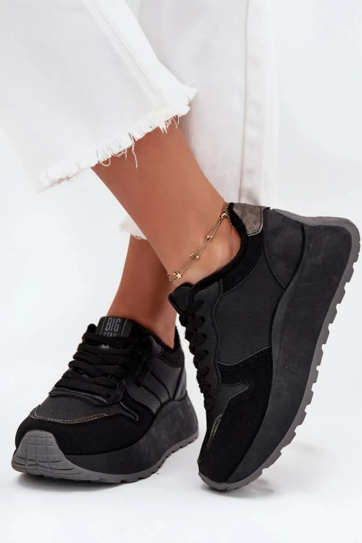 Big Star Shoes Buty Sportowe Big Star|Sneakersy Damskie*Ocieplane Sneakersy Damskie Na Platformie Big Star SS274007 HI-POLY SYSTEM Czarne Czarny