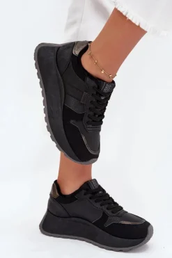 Big Star Shoes Buty Sportowe Big Star|Sneakersy Damskie*Ocieplane Sneakersy Damskie Na Platformie Big Star SS274007 HI-POLY SYSTEM Czarne Czarny