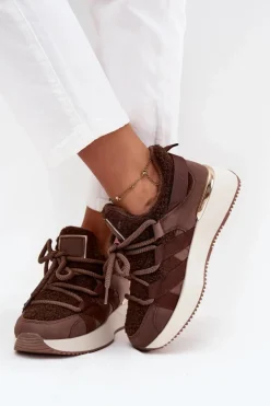 Damskie Boto Ocieplane Sneakersy Damskie Na Platformie Brązowe Juvira