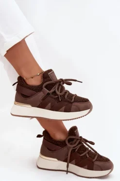 Damskie Boto Ocieplane Sneakersy Damskie Na Platformie Brązowe Juvira