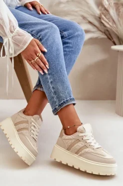 Online Boto Ocieplane Sneakersy Damskie Na Platformie Z Kożuchem Beżowe Daivlene Beżowy