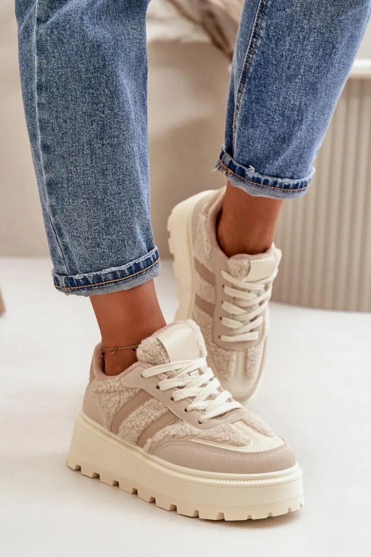 Online Boto Ocieplane Sneakersy Damskie Na Platformie Z Kożuchem Beżowe Daivlene Beżowy
