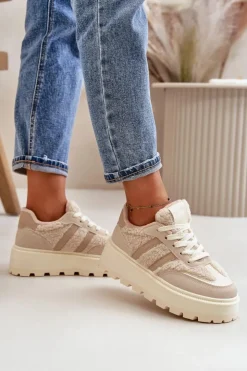 Online Boto Ocieplane Sneakersy Damskie Na Platformie Z Kożuchem Beżowe Daivlene Beżowy