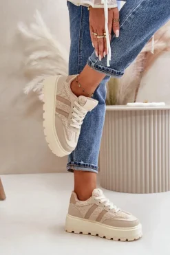 Online Boto Ocieplane Sneakersy Damskie Na Platformie Z Kożuchem Beżowe Daivlene Beżowy