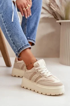 Online Boto Ocieplane Sneakersy Damskie Na Platformie Z Kożuchem Beżowe Daivlene Beżowy