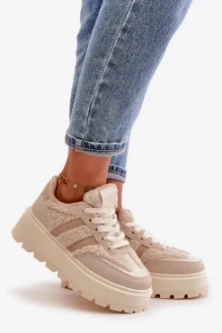 Online Boto Ocieplane Sneakersy Damskie Na Platformie Z Kożuchem Beżowe Daivlene Beżowy
