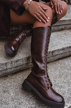 Clearance Boto Ocieplane Sznurowane Kozaki Damskie Czekoladowe Meliora