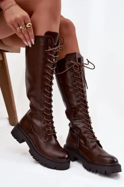Clearance Boto Ocieplane Sznurowane Kozaki Damskie Czekoladowe Meliora