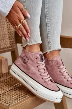 Big Star Shoes Trampki Ocieplane|Trampki Damskie Big Star*Ocieplane Trampki Damskie Na Platformie Eko Skórzane Big Star OO274068 Różowe Różowy