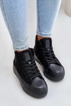 Sale Big Star Shoes Ocieplane Trampki Damskie Z Futerkiem Typu Baranek Big Star OO274A443 Czarne