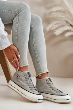 Big Star Shoes Trampki Ocieplane|Trampki Damskie Big Star*Ocieplane Trampki Damskie Na Platformie Eko Skórzane Big Star OO274070 Szare