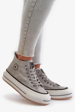 Big Star Shoes Trampki Ocieplane|Trampki Damskie Big Star*Ocieplane Trampki Damskie Na Platformie Eko Skórzane Big Star OO274070 Szare