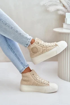 Damskie Big Star Shoes Ocieplane Trampki Damskie Z Futerkiem Typu Baranek Big Star OO274A444 Beżowe