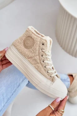 Damskie Big Star Shoes Ocieplane Trampki Damskie Z Futerkiem Typu Baranek Big Star OO274A444 Beżowe