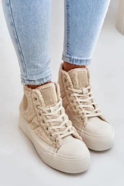 Damskie Big Star Shoes Ocieplane Trampki Damskie Z Futerkiem Typu Baranek Big Star OO274A444 Beżowe