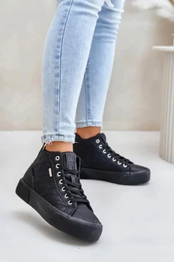 Damskie Big Star Shoes Ocieplane Trampki Damskie Z Przeszyciami Big Star OO274A480 Czarne