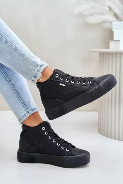 Damskie Big Star Shoes Ocieplane Trampki Damskie Z Przeszyciami Big Star OO274A480 Czarne