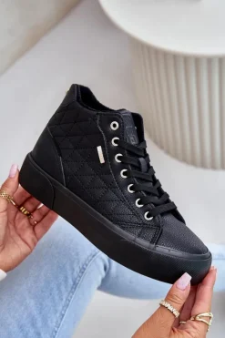 Damskie Big Star Shoes Ocieplane Trampki Damskie Z Przeszyciami Big Star OO274A480 Czarne