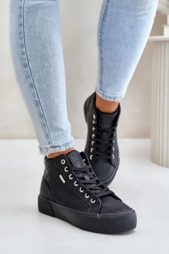 Damskie Big Star Shoes Ocieplane Trampki Damskie Z Przeszyciami Big Star OO274A480 Czarne