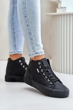 Damskie Big Star Shoes Ocieplane Trampki Damskie Z Przeszyciami Big Star OO274A480 Czarne