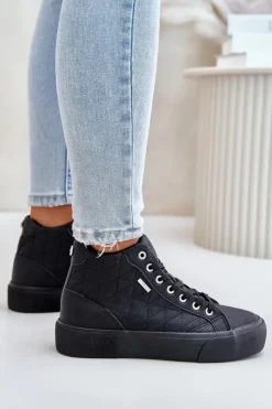 Damskie Big Star Shoes Ocieplane Trampki Damskie Z Przeszyciami Big Star OO274A480 Czarne