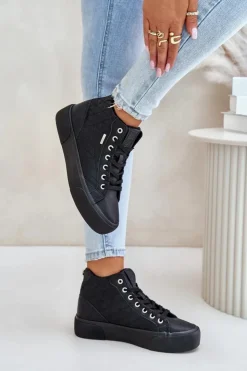 Damskie Big Star Shoes Ocieplane Trampki Damskie Z Przeszyciami Big Star OO274A480 Czarne