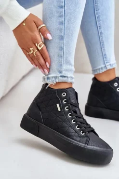 Damskie Big Star Shoes Ocieplane Trampki Damskie Z Przeszyciami Big Star OO274A480 Czarne