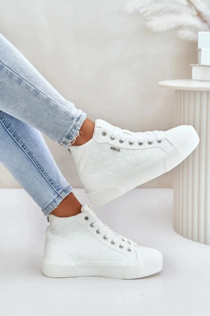 Discount Big Star Shoes Ocieplane Trampki Damskie Z Przeszyciami Big Star OO274A479 Białe Biały