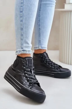 Big Star Shoes Trampki Damskie Big Star|Trampki Damskie Wysokie*Ocieplane Trampki Damskie Na Platformie OO274A471 Czarne Czarny