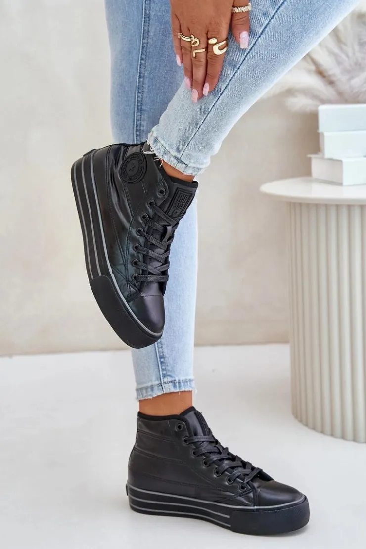 Big Star Shoes Trampki Damskie Big Star|Trampki Damskie Wysokie*Ocieplane Trampki Damskie Na Platformie OO274A471 Czarne Czarny