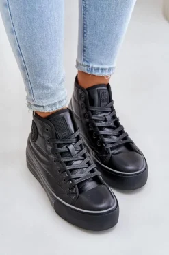 Big Star Shoes Trampki Damskie Big Star|Trampki Damskie Wysokie*Ocieplane Trampki Damskie Na Platformie OO274A471 Czarne Czarny