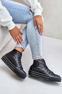 Big Star Shoes Trampki Damskie Big Star|Trampki Damskie Wysokie*Ocieplane Trampki Damskie Na Platformie OO274A471 Czarne Czarny