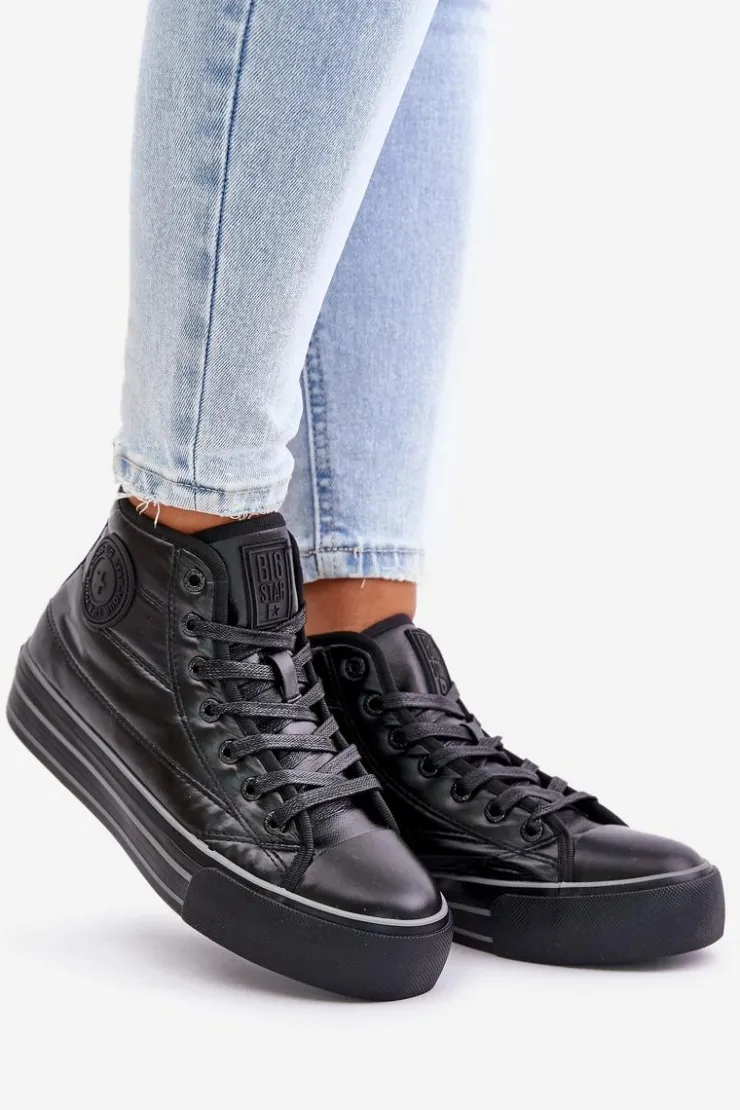 Big Star Shoes Trampki Damskie Big Star|Trampki Damskie Wysokie*Ocieplane Trampki Damskie Na Platformie OO274A471 Czarne Czarny