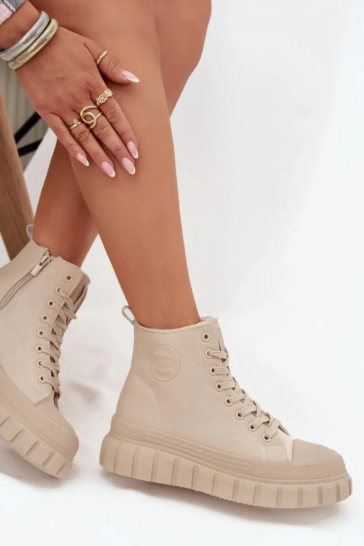 Big Star Shoes Trampki Damskie Big Star|Trampki Damskie Wysokie*Ocieplane Trampki Damskie Na Platformie Z Eko Skóry Big Star SS274535 Beżowe