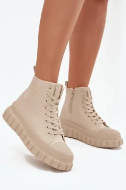 Big Star Shoes Trampki Damskie Big Star|Trampki Damskie Wysokie*Ocieplane Trampki Damskie Na Platformie Z Eko Skóry Big Star SS274535 Beżowe