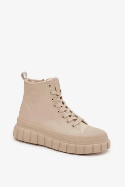 Big Star Shoes Trampki Damskie Big Star|Trampki Damskie Wysokie*Ocieplane Trampki Damskie Na Platformie Z Eko Skóry Big Star SS274535 Beżowe