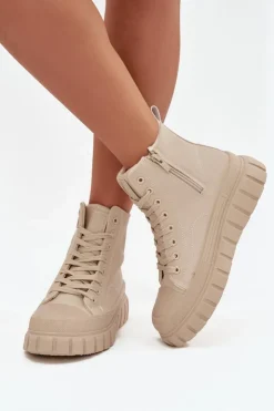 Big Star Shoes Trampki Damskie Big Star|Trampki Damskie Wysokie*Ocieplane Trampki Damskie Na Platformie Z Eko Skóry Big Star SS274535 Beżowe