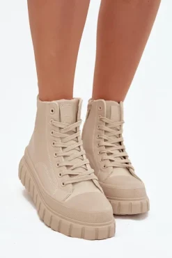 Big Star Shoes Trampki Damskie Big Star|Trampki Damskie Wysokie*Ocieplane Trampki Damskie Na Platformie Z Eko Skóry Big Star SS274535 Beżowe