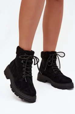 Damskie Boto Ocieplane Trapery Botki Damskie Sznurowane Czarne Lyrinne