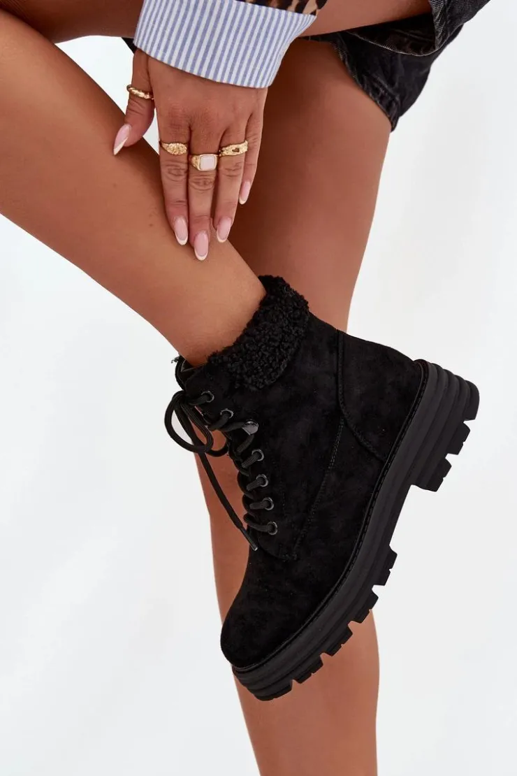 Damskie Boto Ocieplane Trapery Botki Damskie Sznurowane Czarne Lyrinne