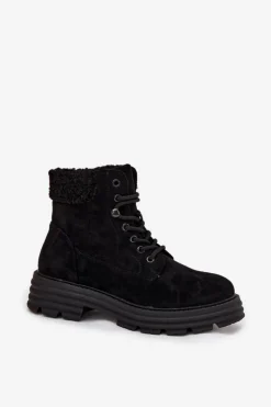 Damskie Boto Ocieplane Trapery Botki Damskie Sznurowane Czarne Lyrinne