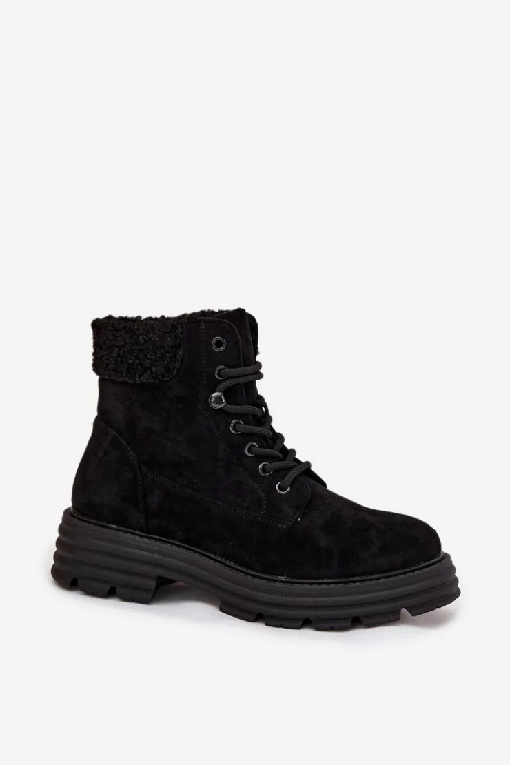 Damskie Boto Ocieplane Trapery Botki Damskie Sznurowane Czarne Lyrinne
