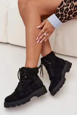 Damskie Boto Ocieplane Trapery Botki Damskie Sznurowane Czarne Lyrinne