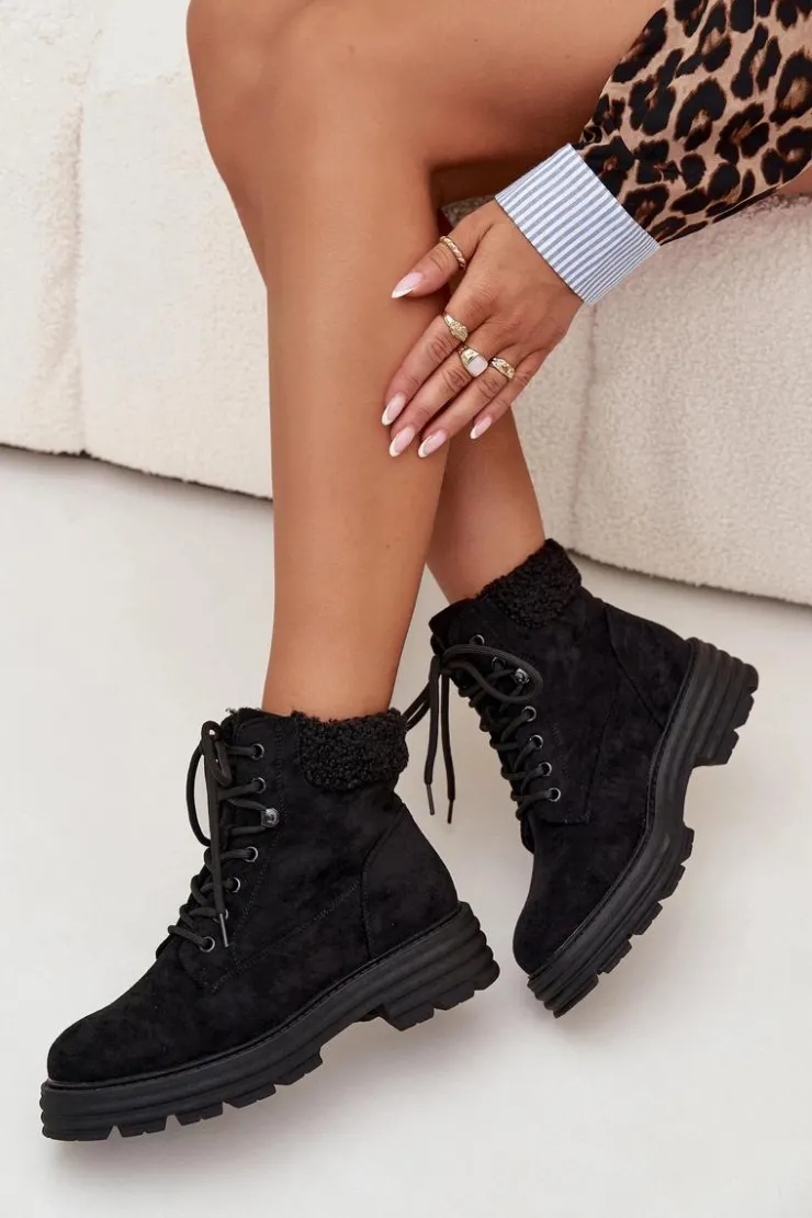 Damskie Boto Ocieplane Trapery Botki Damskie Sznurowane Czarne Lyrinne