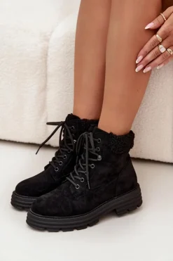 Damskie Boto Ocieplane Trapery Botki Damskie Sznurowane Czarne Lyrinne
