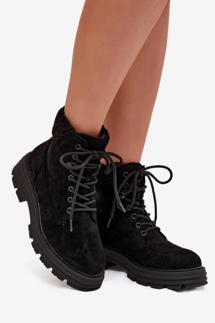 Damskie Boto Ocieplane Trapery Botki Damskie Sznurowane Czarne Lyrinne